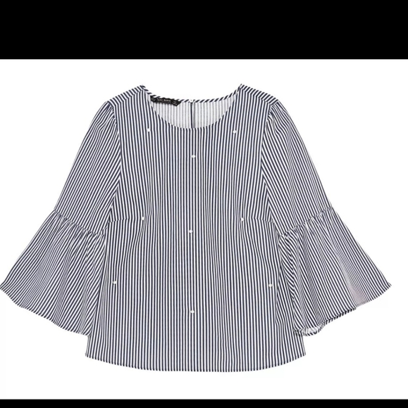 Zara blue striped Cropped top with pearls On Front  - Picture 2 of 8